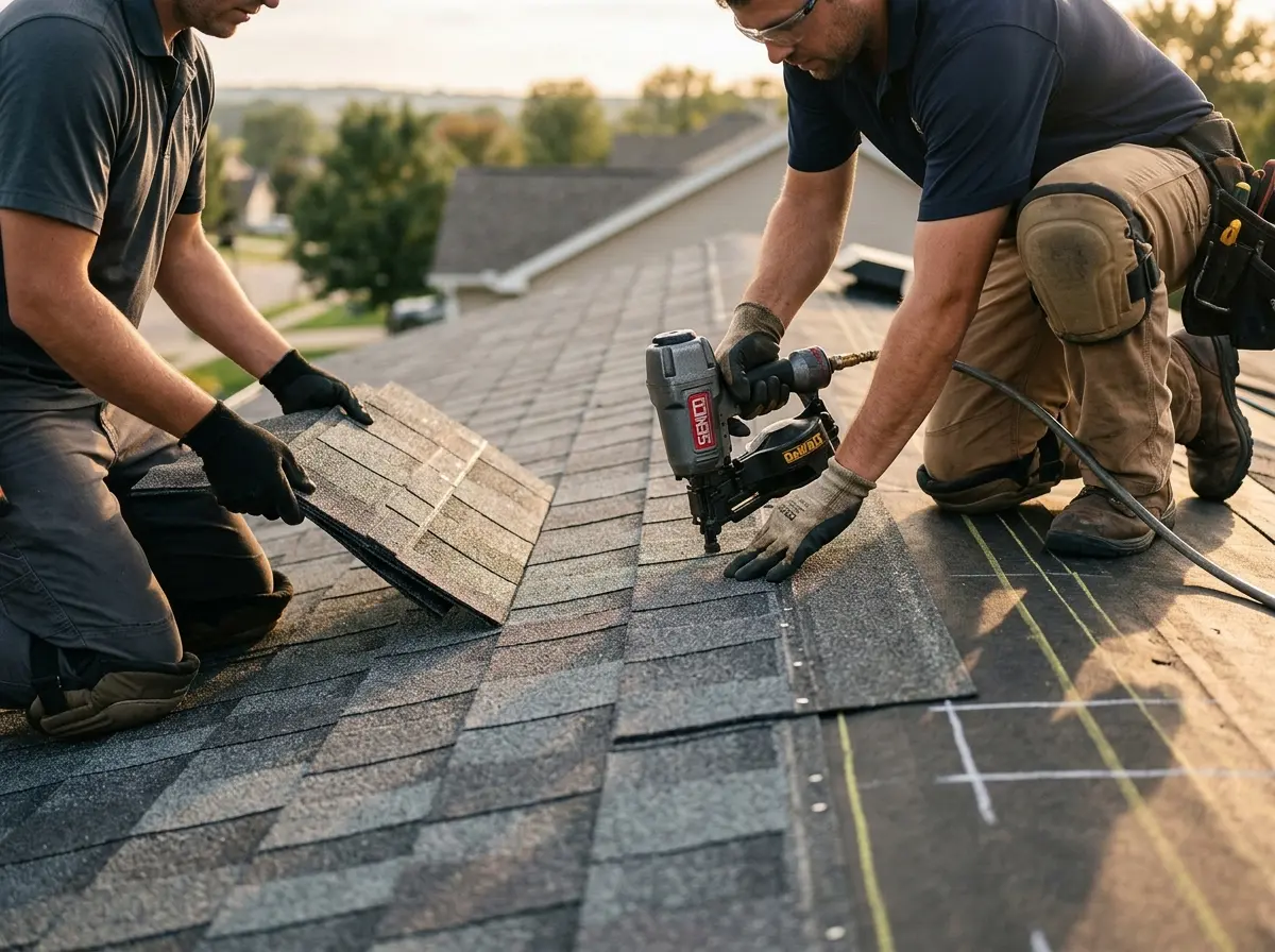 Professional roofer working on a residential roof in Suamico